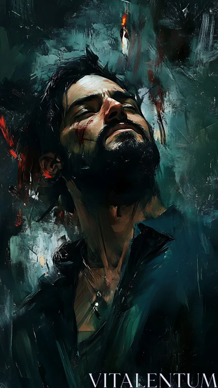 Stormlit quiet: a wounded dreamer resting in the dark.