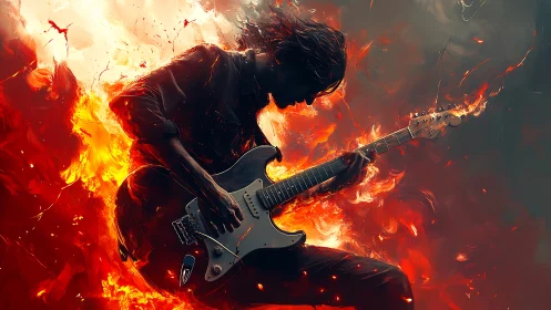 Silhouetted electric guitarist surrounded by abstract flames.