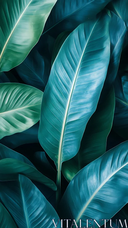 Teal tropical leaves form layered abstract botanical pattern.