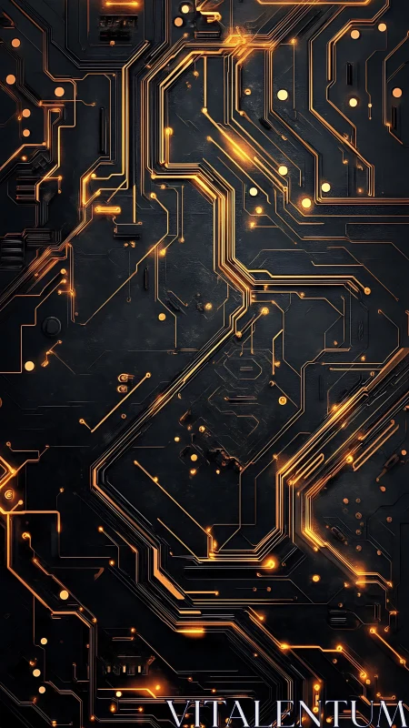 Glowing copper circuitry traces over dark electronic board