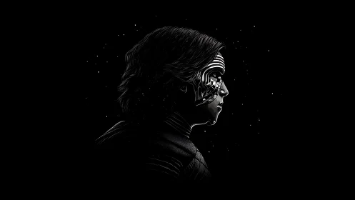 Cybernetic profile portrait merges human and circuitry form.