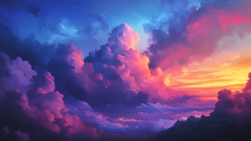 Luminous sunset cumulonimbus clouds in prismatic chromatic sky.