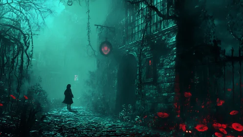 Moonlit red door hums while a lone wanderer hesitates