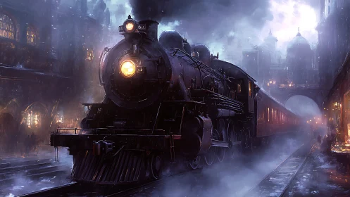 Digital painting of nocturnal steam train in mist-laden terminal.