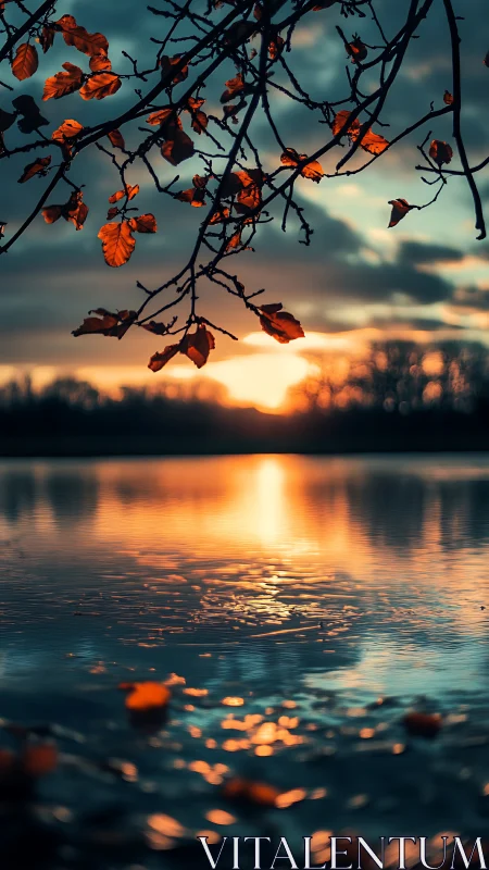 Autumn leaves glow above a tranquil lake at fiery sunset