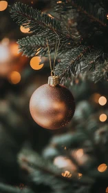 Golden Christmas ornament hangs softly on evergreen branch