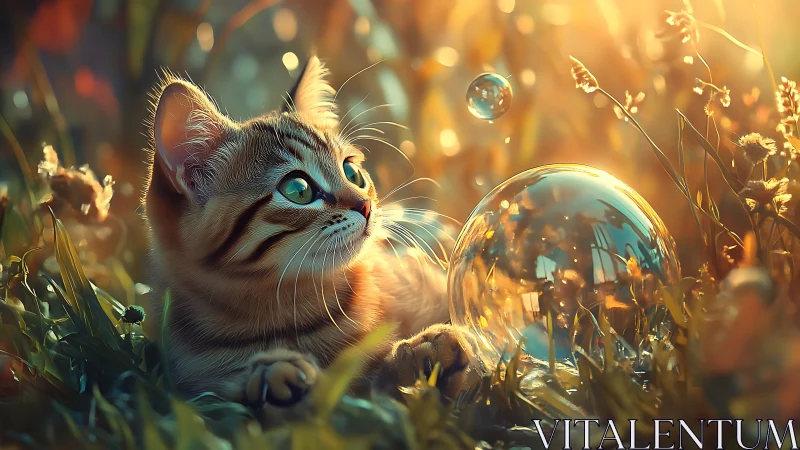 Kitten Observing Soap Bubble in Sunlit Garden Setting.