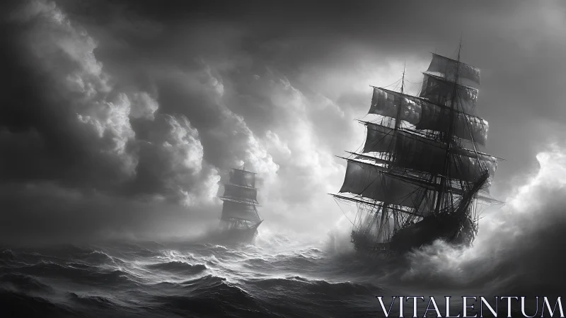 Monochrome stormfront with twin square-riggers in dynamic roll.
