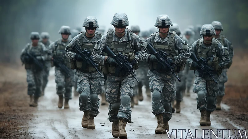 Group of soldiers marches in formation along muddy road