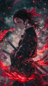 Ember-wreathed anime swordsman with dual katanas in stormscape.