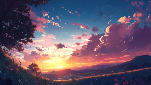 Vibrant digital landscape sunset over distant valley.