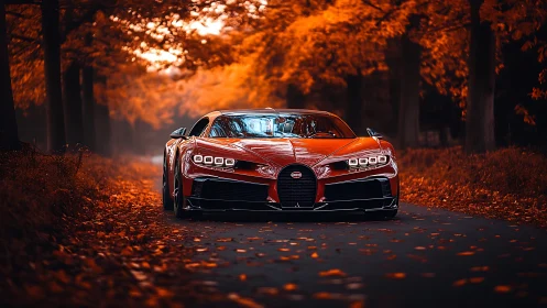 Hypercar front view cuts through saturated autumn woodland corridor