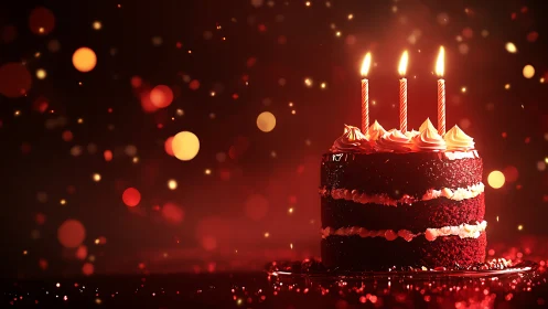 Elegant Red Velvet Birthday Cake With Lit Candles.