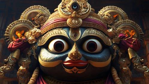Ornate stylized deity mask with gold adornments in temple setting.