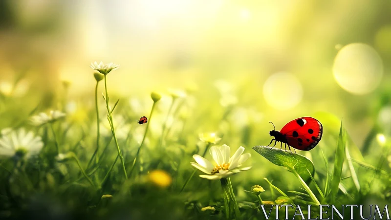 Ladybug rests on sunlit daisy in glowing spring meadow.