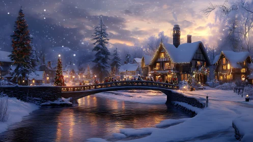Snowy Christmas village glows warmly beneath a twilight sky