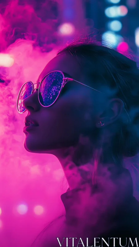 Neon dreamer in glowing city lights and soft pink haze.