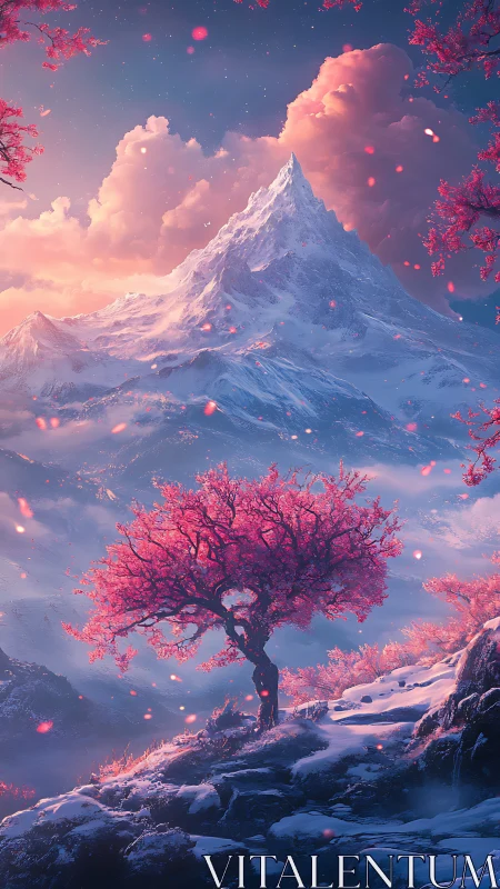 Blushing sakura tree dreaming beneath a snow crowned peak.
