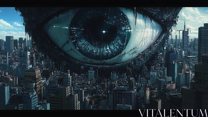 Giant cybernetic eye watching over a restless future city.