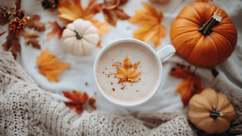 Cozy pumpkin spice latte amid rustic autumn leaves scene.