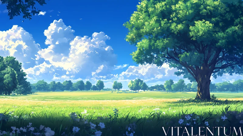 Luminous deciduous tree anchoring sunlit stratocumulus meadow.