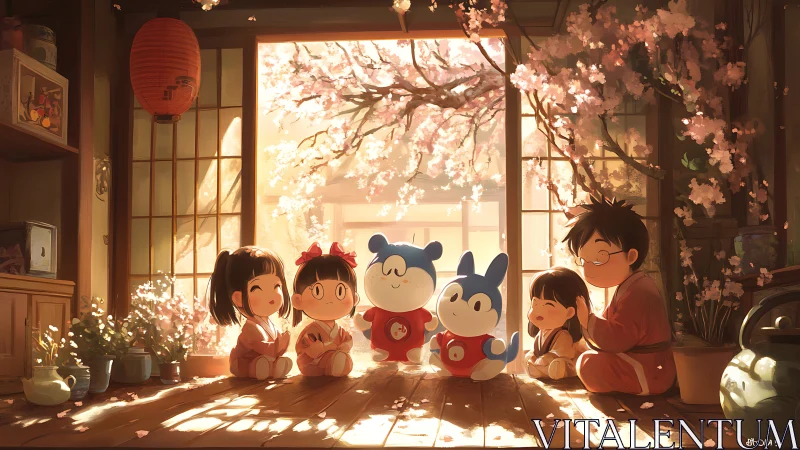 Children and toys sit under cherry blossoms in warm light
