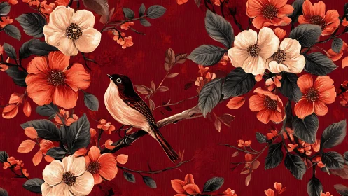 Vintage songbird and floral pattern on deep red background.