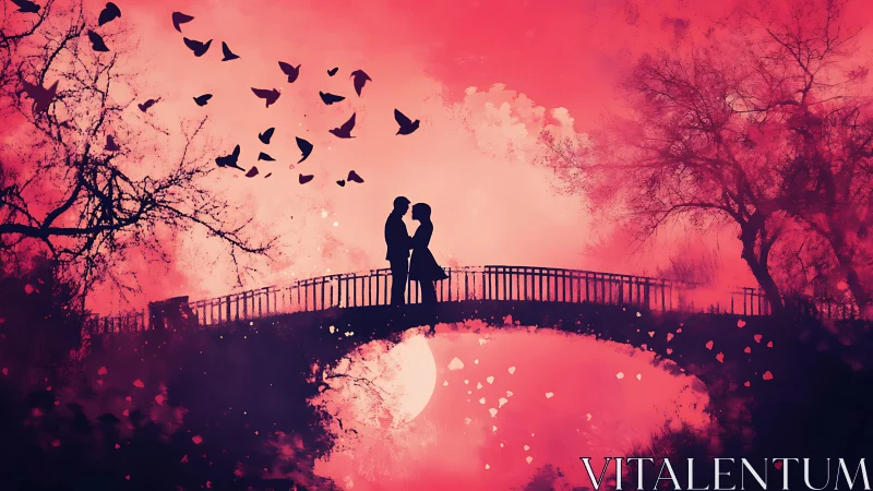 Silhouetted Couple Embracing on Bridge Amid Chromatic Aurora.