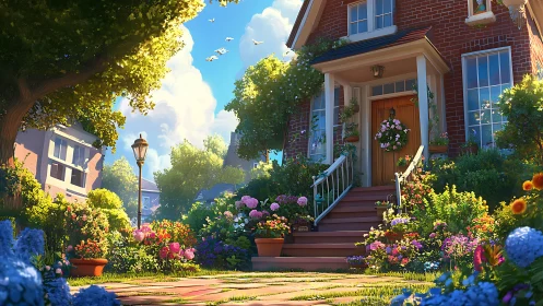 Sunlit brick cottage welcomes visitors through vivid flowers