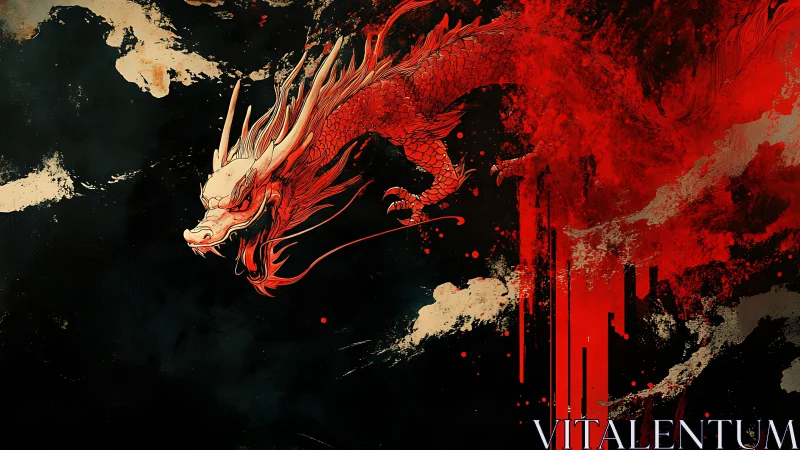Spectral vermilion dragon emerging through abstract ink rupture.