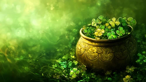 Golden pot filled with clovers stands in soft green light