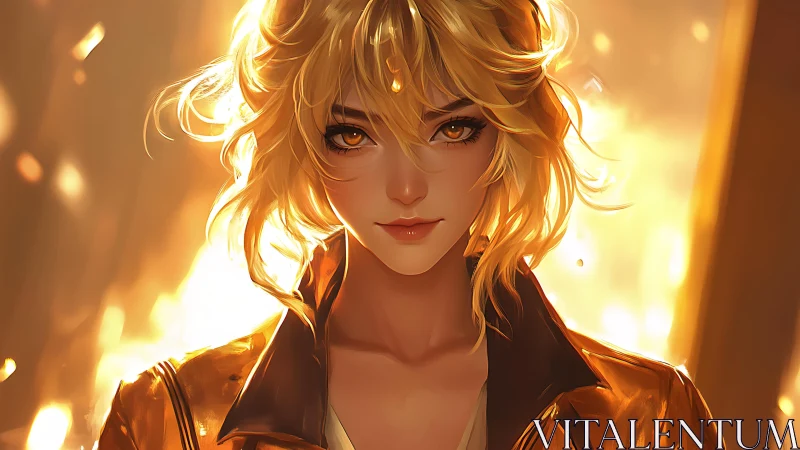 Cinematic anime portrait with backlit golden rim lighting and glare