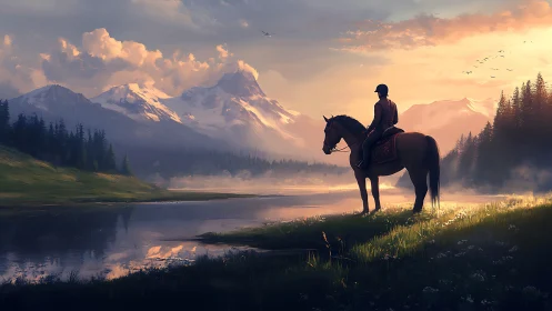 Rider on horse observing alpine lake and distant mountains.