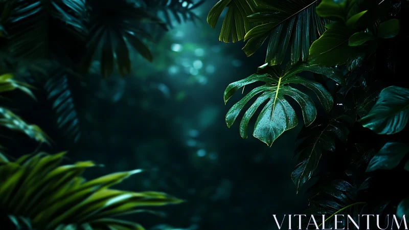 Moody close-up of wet tropical leaves in dim jungle