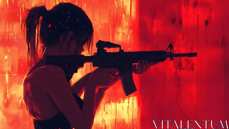 Silhouetted woman with rifle in molten red backlight.