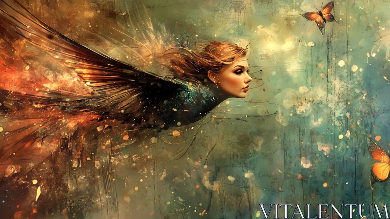 Winged dreamrunner glides through molten light and butterflies.