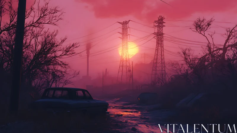Postapocalyptic road cuts through crimson industrial dusk.
