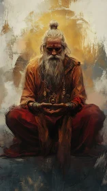 Elderly robed man sits cross‑legged in meditative posture