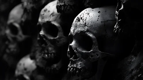 Charred human skull cluster in dramatic low key lighting.