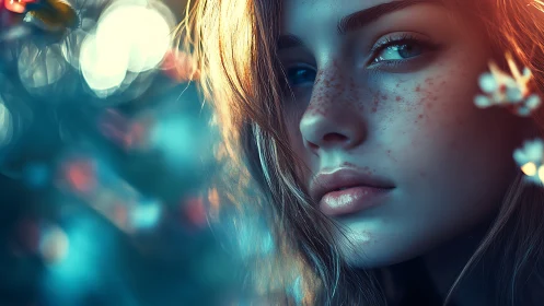 Freckled dusk muse in teal bloom and molten sunlight gaze.