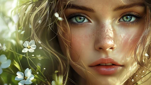 Gentle forest muse gazes softly through wild spring blooms