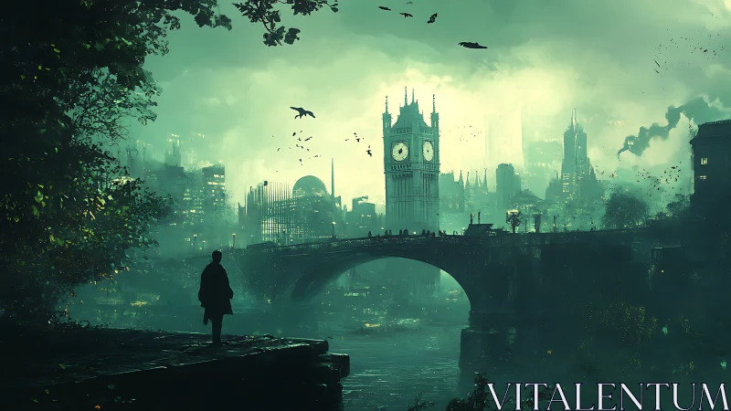 Wanderer gazes over misty clocktower city at twilight.