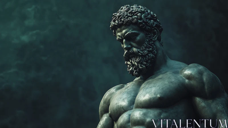 Monumental bronze warrior bust in moody teal light.