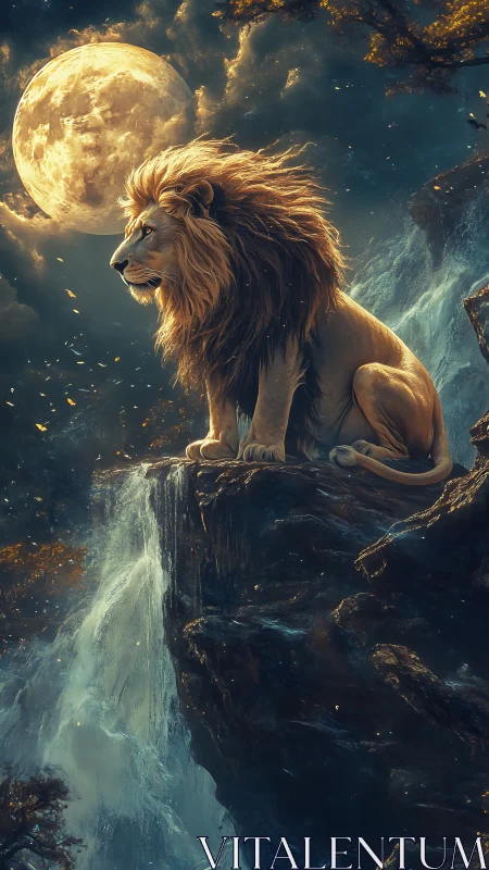 Moonlit lion sentinel above a cascading starlit falls.