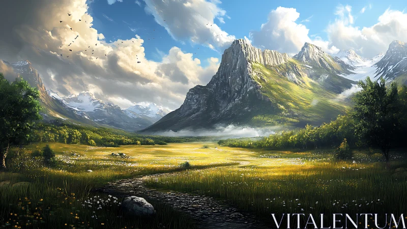 Mountain valley landscape shows lit meadow and rocky peaks