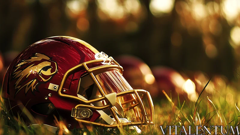 Chromatic football helmet with metallic facemask in bokeh field.