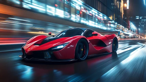 Red hypercar races through neon-lit city streets at night.