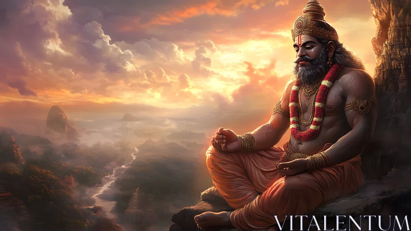 Seated mythological figure in meditation above valley at dawn.