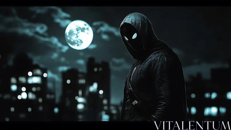 Hooded masked figure stands before moonlit urban skyline