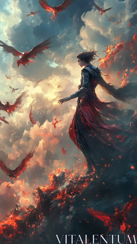 Fireborn sorceress commands blazing phoenix storm in skies